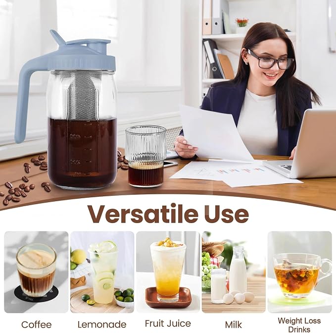 Cold Brew Coffee Maker, 32 oz Mason Jar Pitcher with Stainless Steel Filter, Pour Spout Handle Lid, Heavy Duty Glass Airtight & Leak-Proof for Iced Coffee,Tea & Lemonade
