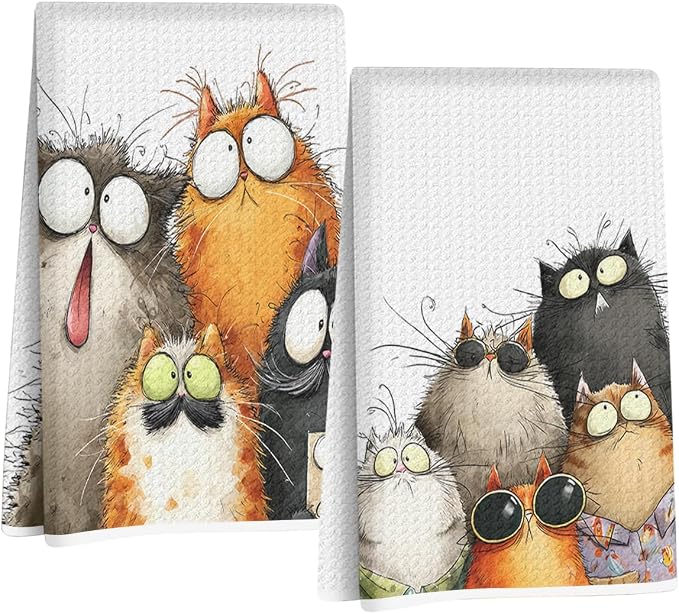 2 Pcs Cute Cat Kitchen Towels, Funny Cats Gifts Absorbent Hand Towels-07 | Cat Dish Cloths for Drying Dishes, Cats Waffle Dish Towels for Kitchen Home Bathroom Decor, Cat Lover Gifts for Women Mom