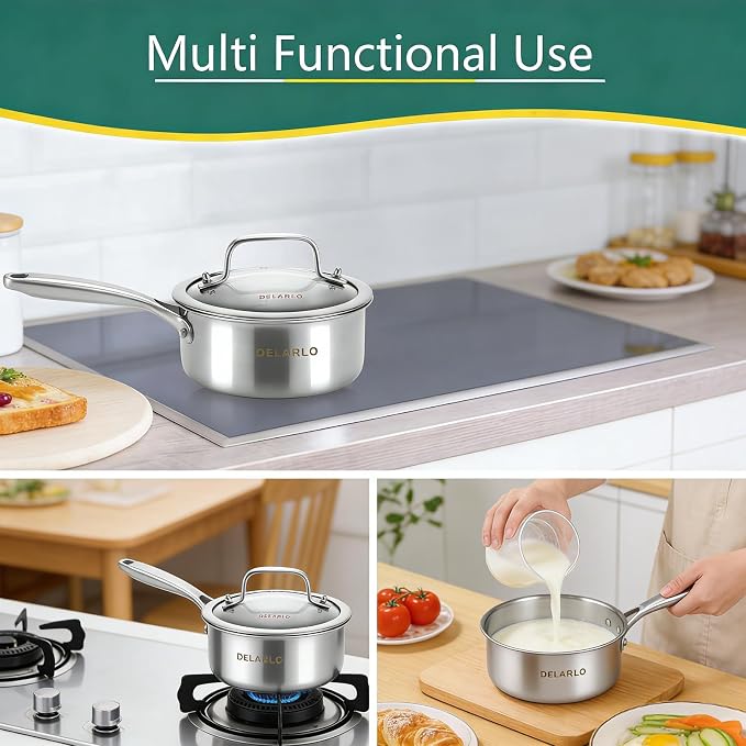 DELARLO Full-body Clad Tri-ply Stainless Steel 1.5 Quart Saucepan with Lid | Small Stainless Steel Pot Induction Cooking Sauce Pot Pan, Heavy Duty Saucier Cookware, PFOA&PTFE Free