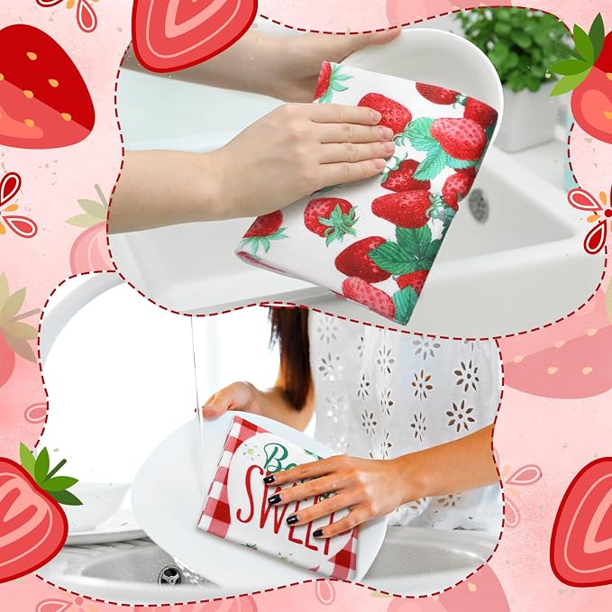 4 Pcs Strawberry Kitchen Towels Berry Hand Dish Towels Gift | Absorbent White Red Grid Tea Towel Fast Drying Housewarming Gift for Kitchen Bathroom Holiday Summer Strawberry Party Decor
