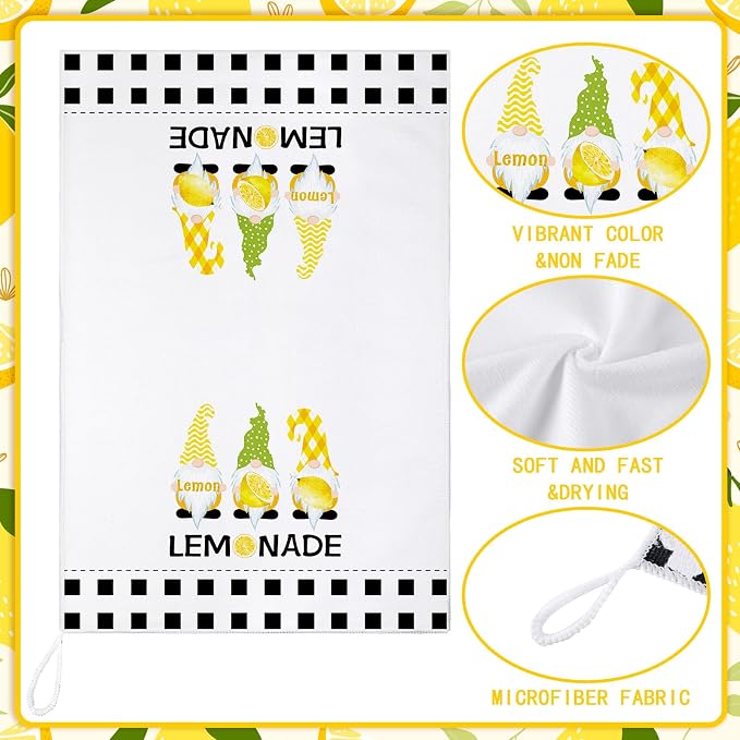4 Pcs Lemon Kitchen Towels, Absorbent Quick Dry Tea Towels Gifts | Lemonade Gnome Black White Striped Decorative Dishcloths with Hanging Loop, Farmhouse Summer Kitchen Decor Housewarming Gift