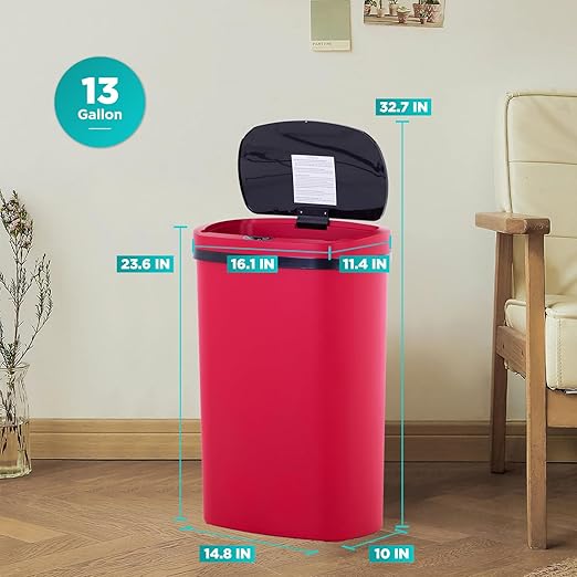 BestOffice | 13 Gallon Plastic Trash Can with Lid | Red | Automatic Touchless Garbage Can | Odor Control | Modern Oval Design | Easy to Clean | For Kitchen, Bathroom, Office or Home