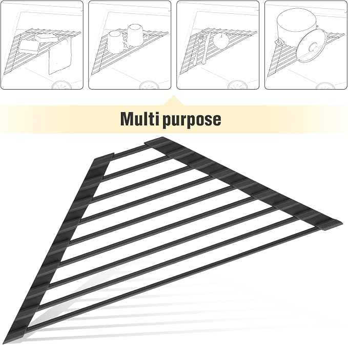 Tomorotec Triangle Roll Up Dish Drying Rack with Silicone Coating, Black | 304 Stainless Steel with BPA-Free Silicone, Triangle Design Maximizes Sink Corner Space, Fits Compact Kitchens And RVs