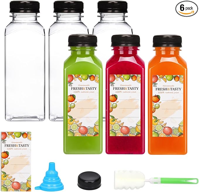 6pcs 12oz Plastic Juice Bottles with Caps, Sticker Labels, Brush | Empty Reusable Clear Bottles with Label, Funnel and Brush Beverage Containers Bulk with Lids for Juicing, Smoothies, Fridge