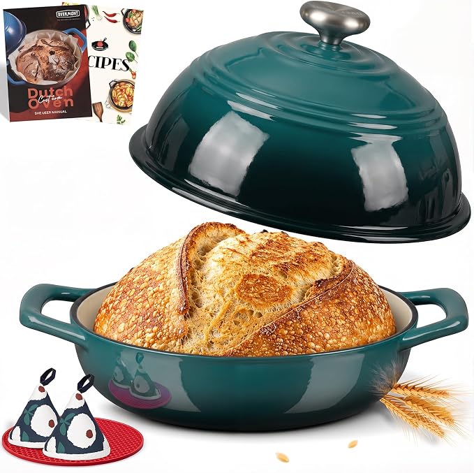 Overmont Enameled Cast Iron Dutch Oven, 6QT Bread Oven with Dome Lid Recipe | Tall Bread Pot with Potholders, for Sourdough Bread Baking Artisan Loaves, Crispy Crust & Better Oven Spring, 500°F Oven Safe