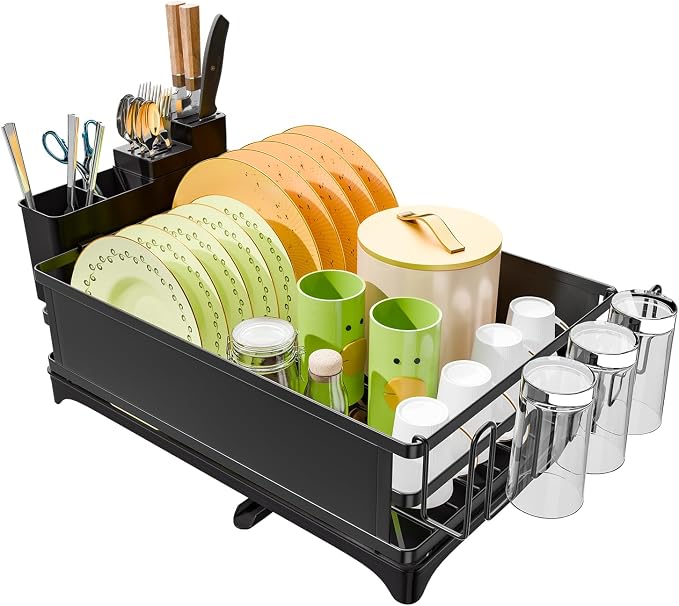 Simple Trending Dish Drying Rack for Kitchen Counter, 11.7" x 16.5", Black | Stainless Steel Dish Rack for Kitchen Counter, Dish Drainer with Cutlery & Cup Holders, Anti-Rust, Counter Space Saving