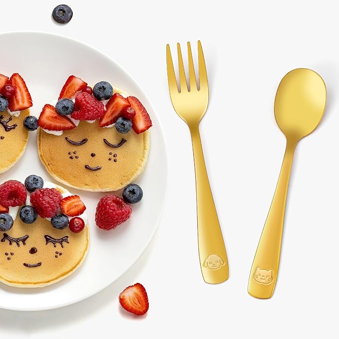 12Pcs Stainless Steel Toddler Utensils Small Metal Kids Silverware | Food-grade, Ideal Transitional Baby Forks and Spoons, Cute pattern, Designed for Children, Dishwasher Safe, Mirror Polished