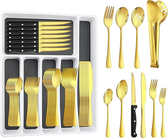 53PCS Gold Silverware Set for 8 with Flatware Drawer Organizer, Stainless Steel Cutlery Set with Steak Knives, Include Spoons and Forks Set & Serving Utensils, Mirror Polished, Dishwasher Safe