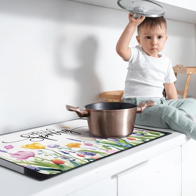 Spring Summer Glass Stove Top Covers for Electric Stove,Tulip Lavender Flower Floral Farmhouse Heat Resistant Cooktop Protector Non-Slip Washable Dish Drying Mat Rug Pad for Kitchen Decor 28"x20"