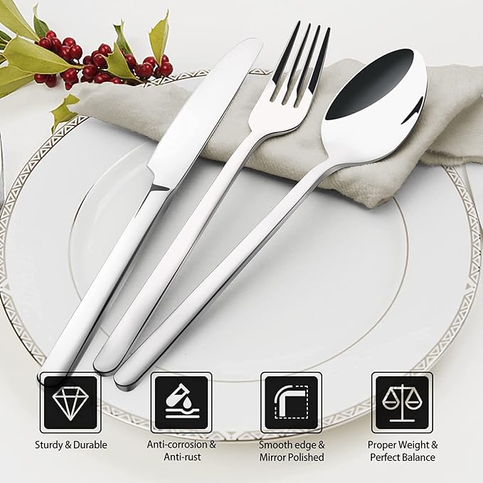 Silverware Set, 20 Piece Flatware Cutlery Set for 4, 18/10 Stainless Steel Silverware Mirror Polished Dishwasher Safe for Home, Restaurant, Wedding, Party(Silver, 20 pieces for 4)