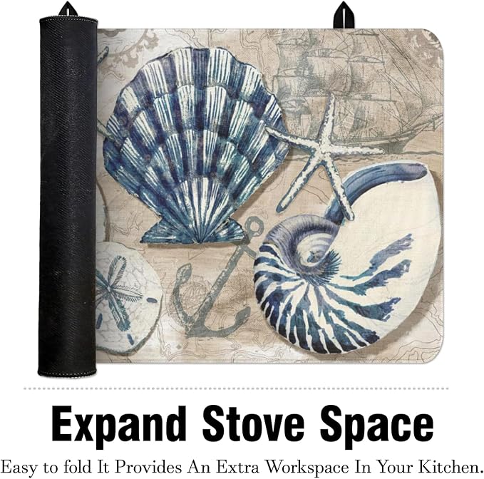 Nautical Stove Top Cover for Electric Stoves,Spring Summer Ocean Seashell Beach Stove Top Cover for Kitchen Decor,Heat Resistant Cooktop Protector Mat,Non-Slip Washable Dish Drying Mat 28"x20"