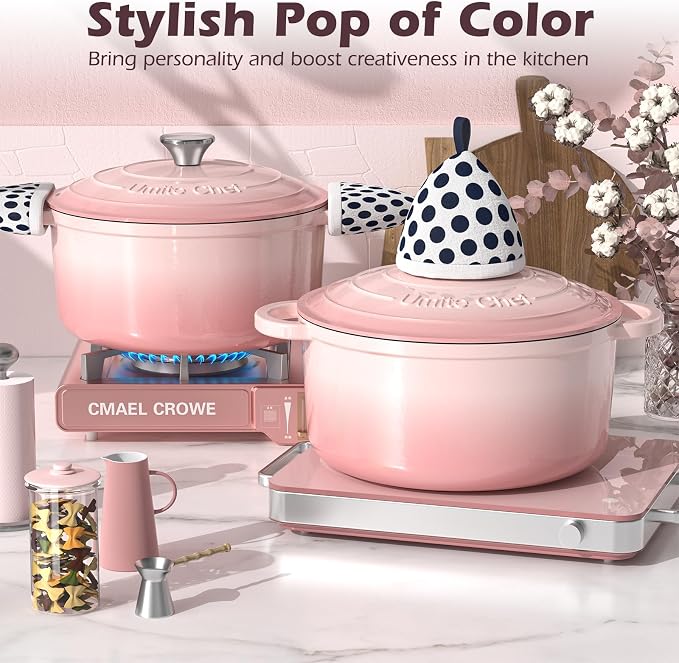 Umite Chef 5QT Enameled Cast Iron Dutch Oven Pot with Lid, Heavy-Duty Cookware for Bread Baking, Braising, Stews, Roasting, Wedding Registry Ideas & Gifts (Pink)