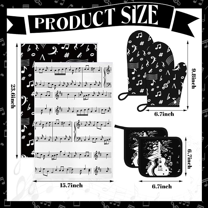 Leinuosen 8 Pcs Music Note Kitchen Decor Accessories Set Farmhouse Towels Oven Mitts Pot Holders Dishcloths Set Kitchen Decorative Absorbent Potholders for Chef Baking Cooking
