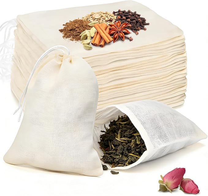 50 Pcs Tea Bags for Loose Leaf Tea, Reusable Tea Bags, Natural Unbleached Cotton Drawstring Sachet Bags, Empty Tea Bags for Spice, Herbs, Sachet & Filter Bags (3 x 4 Inches)