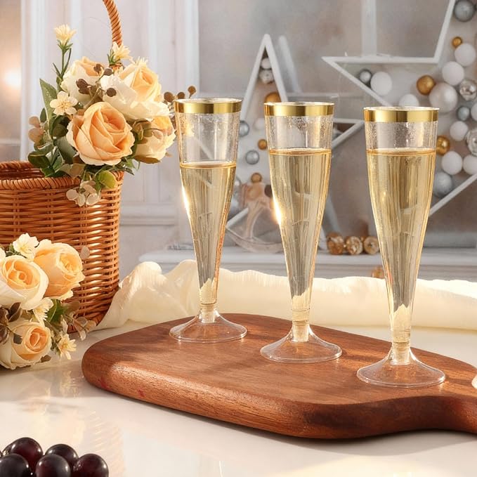 Bestluck 100 Pack 4.5 oz Gold Glitter Champagne Flutes Plastic | Plastic Disposable Stemware with Gold Rim, Disposable Champagne Flutes for Party, Mimosa Bar, Wedding, Anniversary