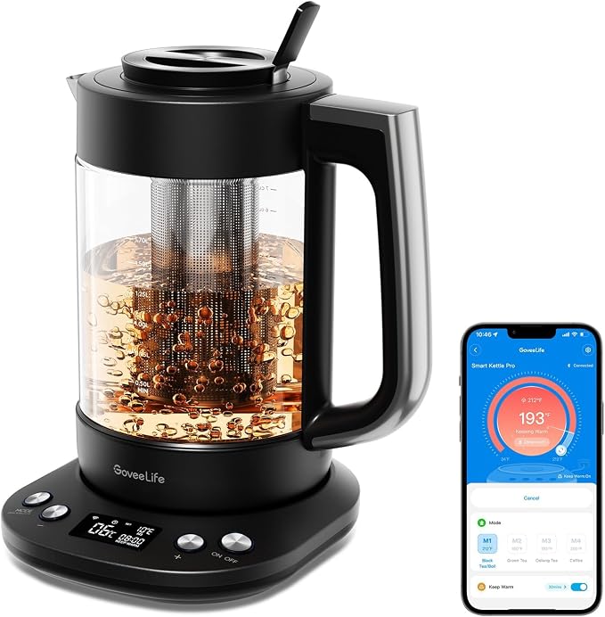 GoveeLife Smart Electric Kettle with Tea Infuser for Loose Leaf, 1.7 L Electric Tea Kettle with Brewing Program, Variable Temperature Control, 2 H Keep Warm & Auto Shut-Off, BPA Free. Black | Electric Tea Kettle with Brewing Program, Variable Temperatu...