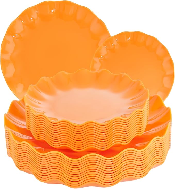 LIYH 24Pcs Orange Plastic Plates Reusable, Dinner And Salad Set For Parties | Heavy Duty Scalloped Unbreakable Tableware, Reusable Or Disposable Style For Fall Picnics, Thanksgiving, Holiday Banquets