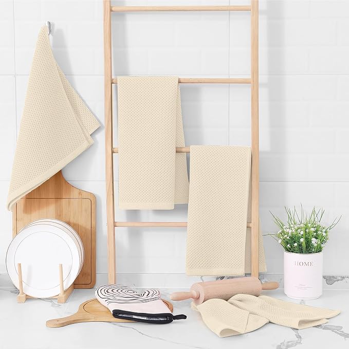 Homaxy 100% Cotton Waffle Weave Kitchen Towels, 10-Pack, Beige | Ultra Soft Absorbent Dish Towels, Quick Drying Cleaning Towels, 13 x 28 Inches