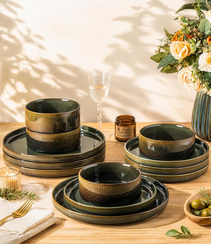 Ceramic Dinnerware Set for 4, 12-Piece Plates and Bowls Set | Lightweight Porcelain Dish Set, Scratch Resistant, Oven & Microwave & Dishwasher Safe, Olive Green