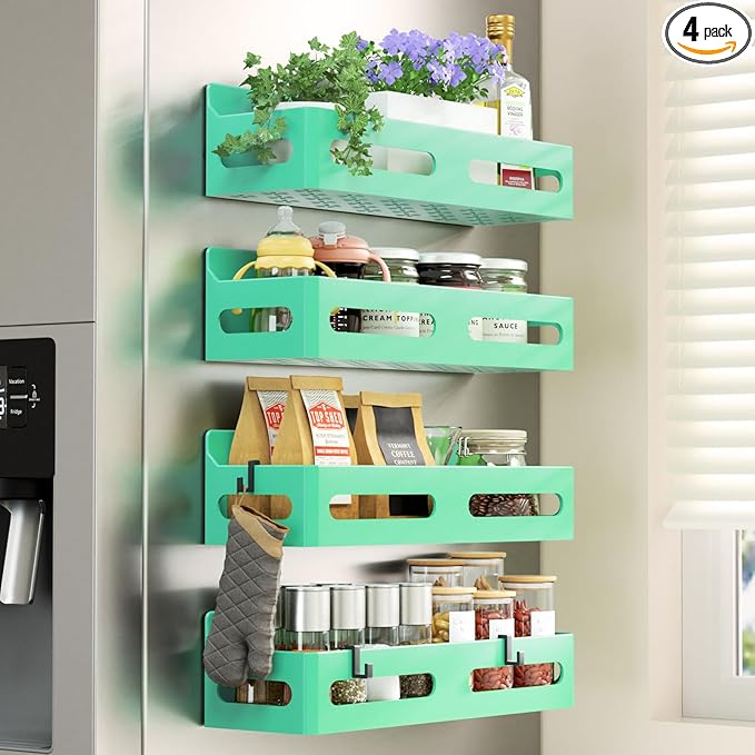4-Pack Magnetic Spice Rack for Refrigerator with Hooks, Green | Strong multipurpose magnetic shelf for kitchen & bathroom organization. Includes 4 removable hooks for hanging items.