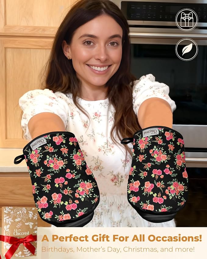 100% Thick Cotton Mini Oven Mitts Silicone Grip Pink Rose | Girly Cute Oven Mitts for Women, Machine Washable, Non-Slip, Reversible Design Fits Both Hands, Stylish Kitchen Decor