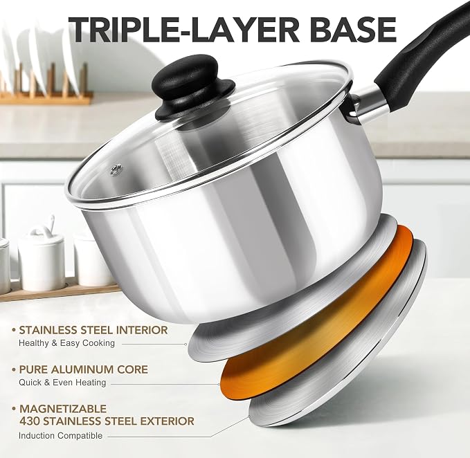 MICHELANGELO Stainless Steel Pots with Lids, Triply Base for Induction | Lightweight Cooking Pot Set, Sauce Pans with Cool-Touch Bakelite Handle, Induction Compatible Saucepan, 1 + 2 + 3QT