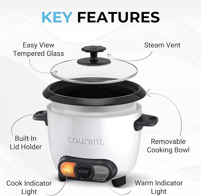 Courant Rice Cooker 8-Cup (Cooked), Removable Non-Stick Bowl, One Touch Rice Cooker, White