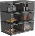 6 Pack Stackable Acrylic Makeup Organizer, Smoke Black Storage Drawers | Clear Plastic Drawer Organizers with Handles for Vanity, Bathroom, Bedroom, Cosmetics, Jewelry and Home Storage