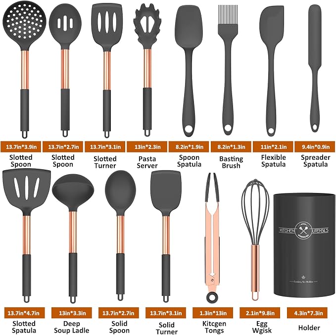 Silicone Cooking Utensil Set, Umite Chef Kitchen Utensils 15pcs Cooking Utensils Set Non-stick Silicone Rose Gold Handle Cooking Tools Whisk Kitchen Tools Set -Grey