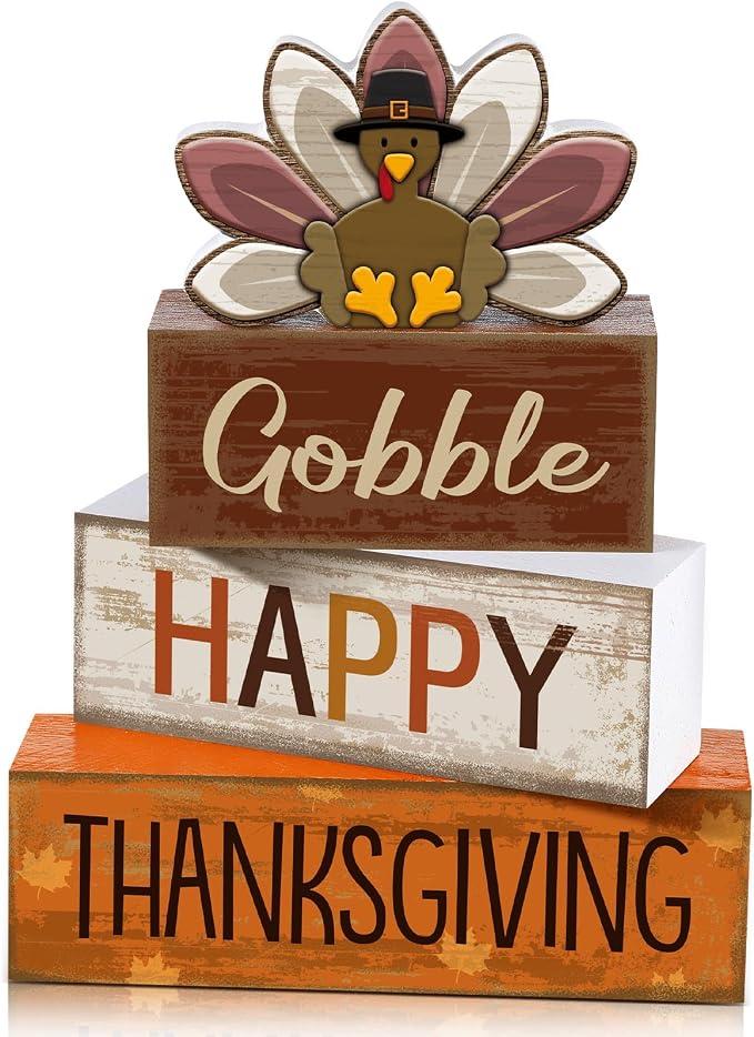 Lineshading 4 Pcs Wooden Thanksgiving Signs Tiered Tray Decor Turkey | Rustic Farmhouse Tabletop Decoration, Stacked Signs Design With Gobble Text, Fall Harvest Home Accents For Mantel Shelf