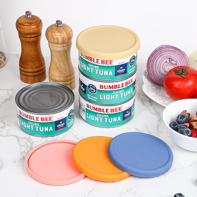 4 Inch Silicone Tuna Can Lids for Bumble Bee, 4 Pack Reusable Can Cover Topper for Chicken of the Sea, Silicone Can Lids for DINTY MOORE Stew Can 15oz or DON FRANCISCO'S coffee Can 12oz