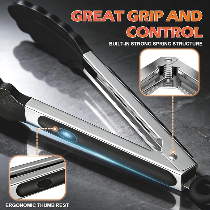 Stainless Steel Kitchen Tongs with Silicone Tips, Locking Grilling Food Tongs, 7" 9" and 12", Set of 3 Black