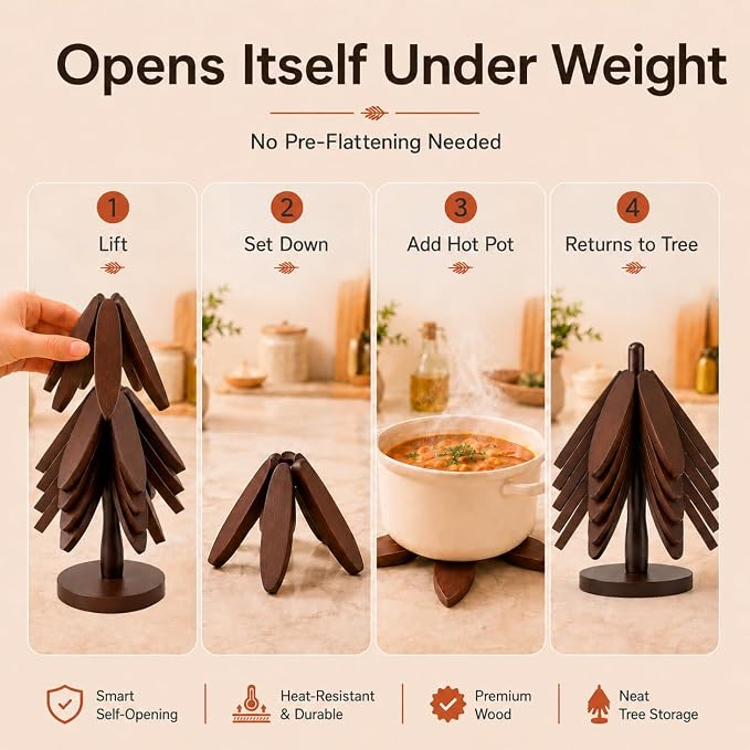 MINARAI-Wooden Trivets for Hot Dishes,5-Pads,Silicone Spoon Holder Included | Protects Countertops From Hot Pots, Pans And Teapots. Top Holiday Gifts