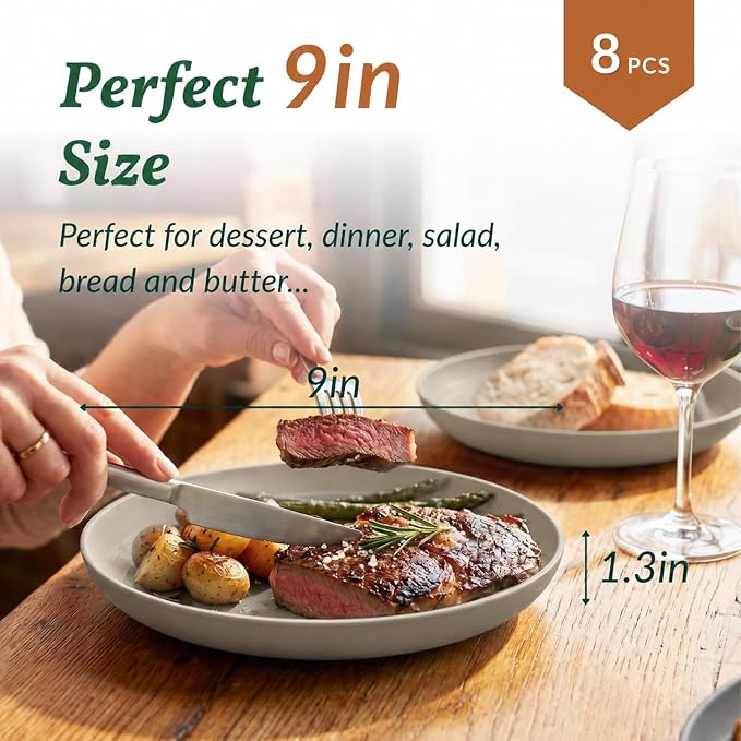 Deep Dinner Plates Set of 8 Alternative for Plastic Plates Microwave and Dishwasher Safe Wheat Straw Plates for Kitchen, Camping Unbreakable Lightweight Round Plate Set (Grey, 9 inch)