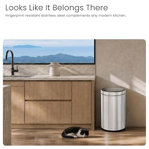 Home Zone Living 13 Gallon Motion Sensor Trash Can with Automatic Lid | Stainless Steel with Touch Control Lid, Hands-Free Operation for Kitchens, Flat Back Semi-Round Shape, Silver