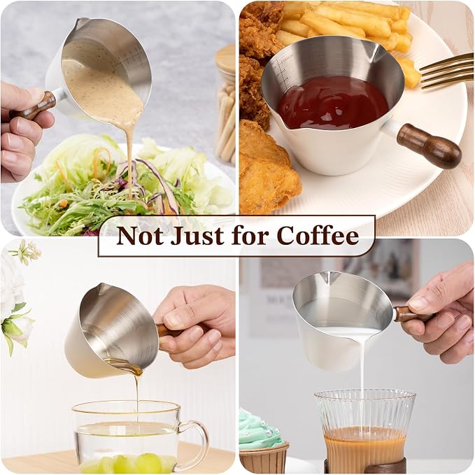 Amrules 6.8oz Espresso Measuring Cup with Wood Handle & Double Spout, White | 18/8 Stainless Steel & Wood Handle, V-Shaped Spout for Precision Pouring, Clear Scale Markings, for Coffee, Milk, Tea & Syrup