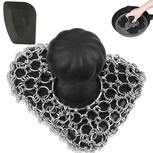 Cast Iron Scrubber with Handle 316 Dish Cast Cleaner Chainmail Scrubber | Pan Skillet Iron Scrub Brush Steel Wool Scrubber Cleaning Kit (1 Scrub + 1 Scraper)