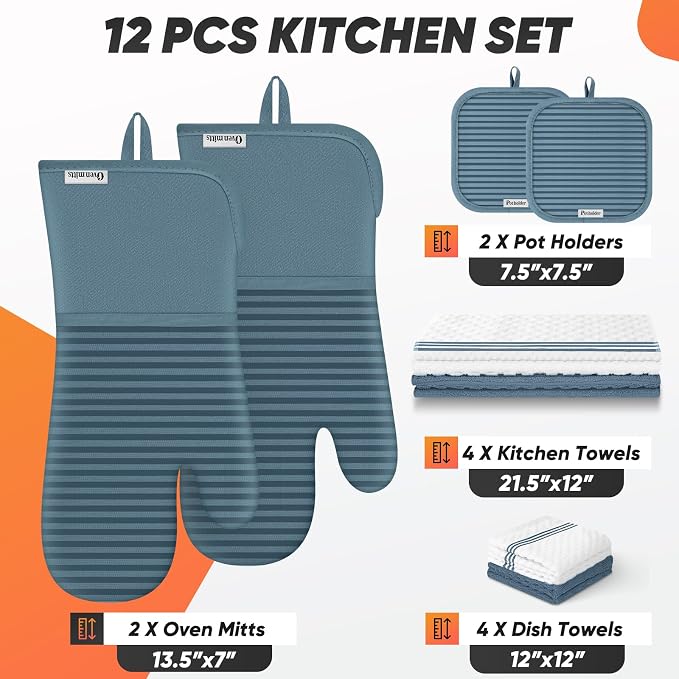 Oven Mitts Kitchen Towels and Dishcloths with Pot Holders Sets, Oven Gloves Hot Pads 500°F Heat Resistant with Silicone Grip, Include 2 Cooking Gloves/2 Potholders/4 Kitchen Towels/4 Dish Towels