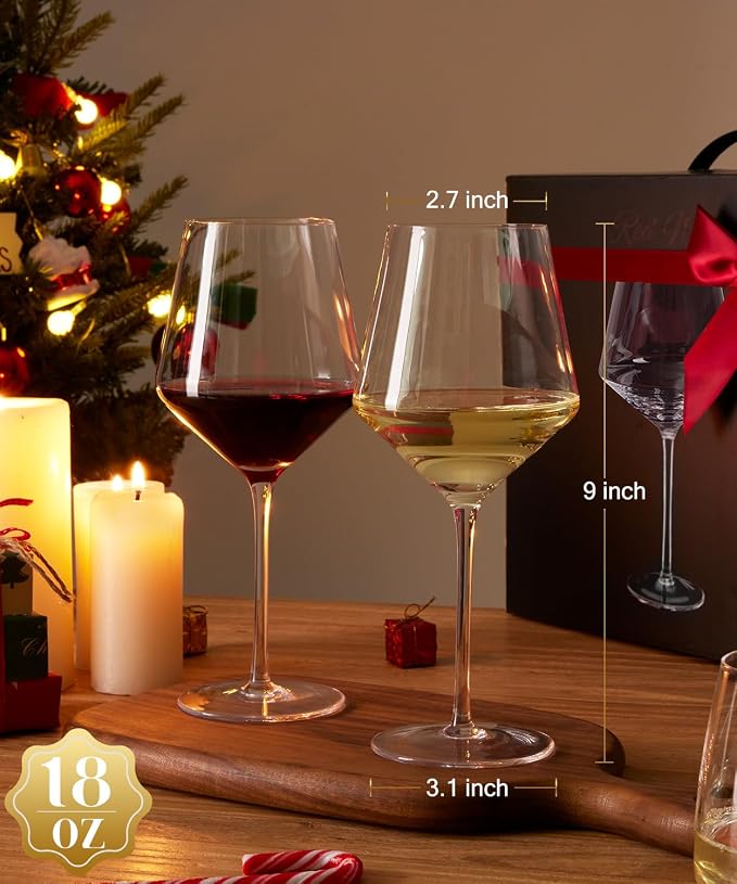 OJA Wine Glasses Set, Crystal Hand Blown Red Wine Glass Set of 4, 18 oz | Long Stem White Wine Glass, Ultra-thin , Dishwasher Safe, Gift for Daily Use, Party
