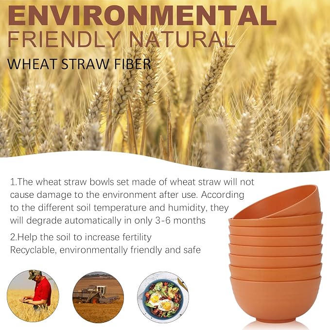 Wheat Straw Bowls Set, Unbreakable & Lightweight Microwave Safe Bowls for Soup, Cereal, Salad, 8-Piece Vibrant Soup Bowls for Kitchen, Family, Party, Picnic, Dishwasher Safe, 26 OZ(Orange)