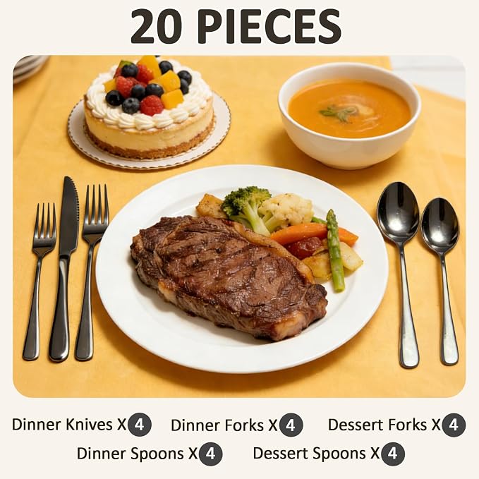 20 Piece Silverware Set, Kitchen Utensils Set for Restaurant & Home, Stainless Steel Cutlery Set, Flatware Set include Forks, Knives, Spoons, Household Essentials for New Home, Black