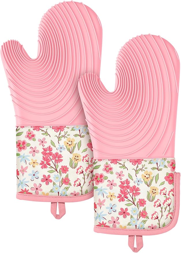 Slohif Long Silicone Oven Mitts Heat Resistant for Women - 2 Pcs Pink-Green Flower 100% Cotton Oven Gloves, Non-Slip and Waterproof Silicone Oven Mitts with Hanger for Baking and Cooking