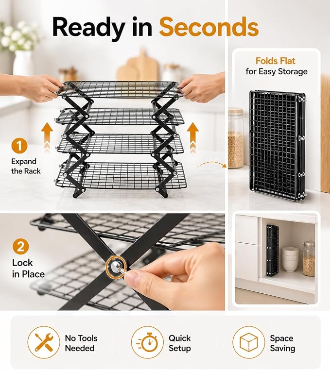 Cooling Racks For Cooking And Baking, 2/3/4-Tier Collapsible Cookie Cooling Rack With Adjustable 3 Setting Design Stackable Roasting Cooking Drying Wire Cooling Rack For Cookies Bread Baking