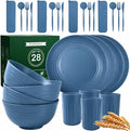 28-Piece Wheat Straw Dinnerware Sets, Microwave & Dishwasher Safe Unbreakable Dinnerware Set, Reusable Dishware Sets, Lightweight Camping Dishes, Plates, Cups, Cereal Bowls for 4 (Navy Blue)