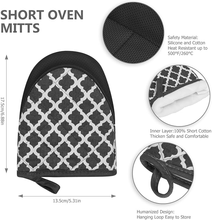 Short Oven Mitts, Heat Resistant 500°F, Silicone Grip Kitchen Gloves, Non-Slip for Baking, Grilling, BBQ, Machine Washable with Hanging Loop, 2-Pack Set, White Checkered Pattern | Non-Slip, Heat Resistant, Machine Washable, Hanging Loop, Fits Small Han...