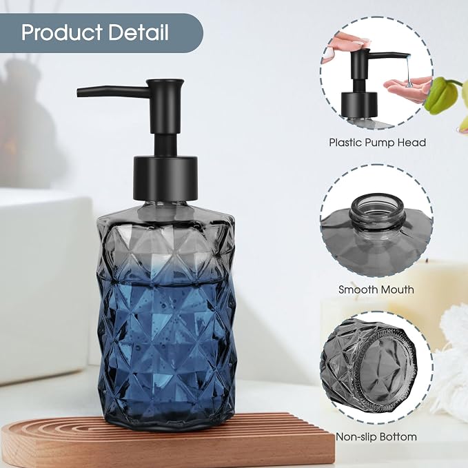 Topsky Glass Soap Dispenser with Plastic Pump, 330ml Liquid Hand Soap Dispenser, Rustproof Pump for Kitchen & Bathroom, Great for Lotions, Essential Oil, Liquid Soaps Clear Black