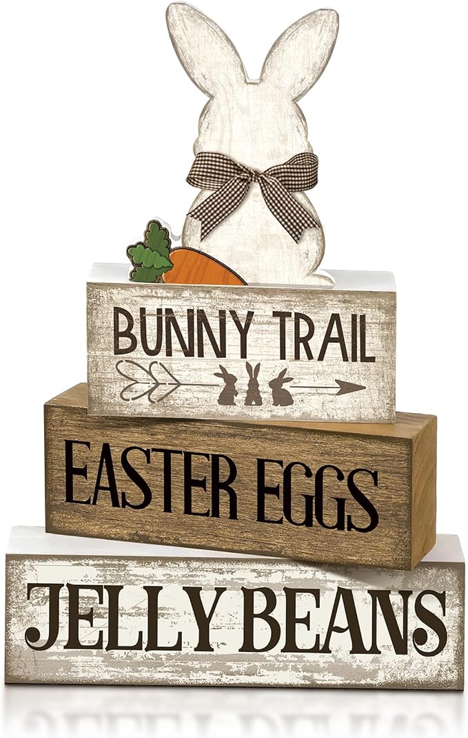 Lineshading 4 Pcs Wooden Easter Rabbit Block Signs Farmhouse Tiered Tray | Rustic Tabletop Signs for Tiered Tray, School Beach Theme Decor, Christmas Farmhouse Gift, Travel Wood Shelf Display