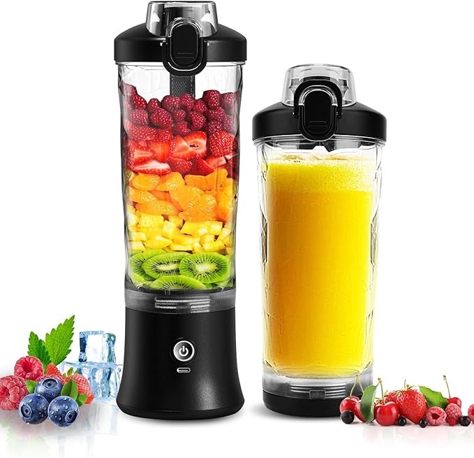 Portable Blender Personal Juicer for Shakes Smoothies with Travel Lid | 20 Oz Electric Protein Shaker Bottle, USB-C Rechargeable, Mini Small Cordless Blender Cup for Kitchen Travel Gym
