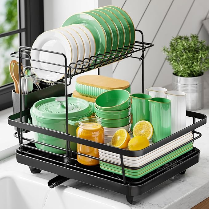 Kitsure Dish Drying Rack for Kitchen Counter, 12''W x 15.5''L, 2-Tiers | Stainless Steel Sink Organization, Cutlery Holder, Home and Appartment Decor Black