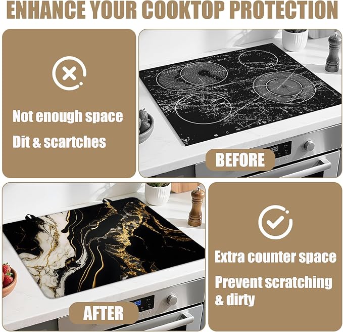 Black Gold Marble Stove Top Covers for Electric Stove, Electric Gas Stove Pad Heat Resistant Range Cooktop Protector for Home Decor Kitchen 28"x20"
